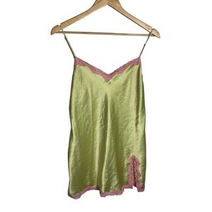 Victoria’s Secret Y2K 2002 satin chartreuse with pink lace slip nighty size L